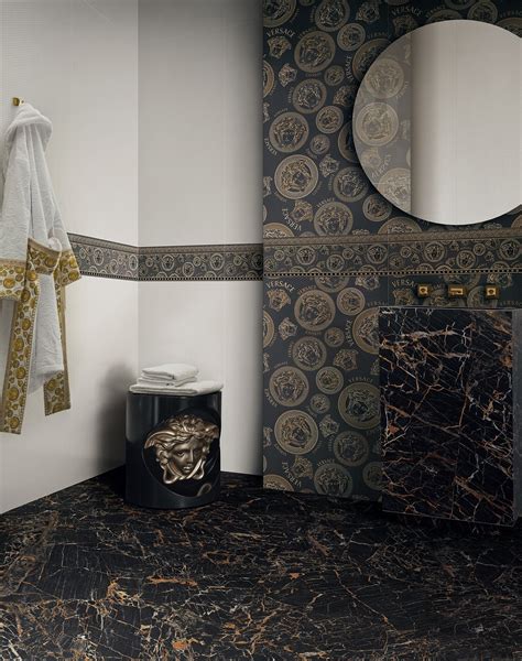 gold ceramic and porcelin tiles by versace|versace ceramics bathroom.